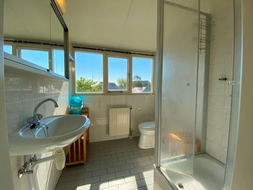 布雷斯肯斯Hello Zeeland - Vakantiehuis Zwin 019的一间带水槽、淋浴和卫生间的浴室