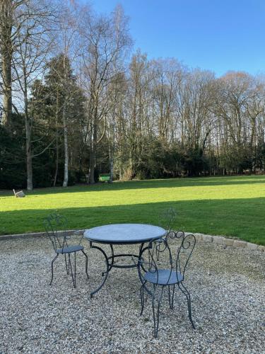 Grainville-YmauvilleChâteau de Trébons的公园里的一张野餐桌和两把椅子