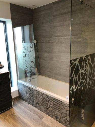 GuéreinsLa Croisée Chambre d hôte avec sanitaires partagés的带淋浴的浴室和玻璃墙