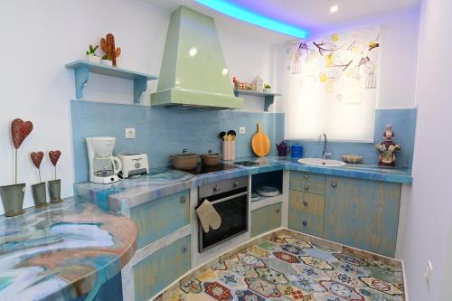 阿凯松阿里萨克斯尼公寓的厨房配有蓝白色橱柜和水槽