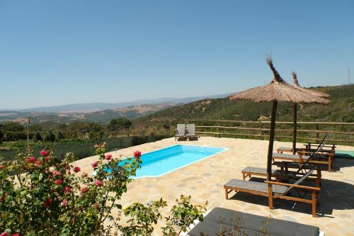 卡萨雷斯The Wild Olive Andalucía Citrus Suite的一个带稻草伞和两把椅子及长凳的游泳池