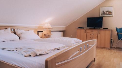 WadgassenGästehaus Samuel Wadgassen的一间卧室配有两张床,一个梳妆台上配有电视。