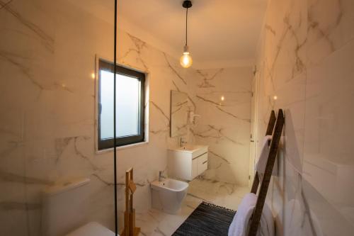 阿尔库什迪瓦尔德维什Moinhos Carvalhas的一间带卫生间、水槽和窗户的浴室