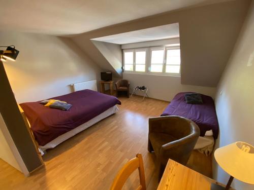 奥尔尚普韦内Logis Hôtel Restaurant Barrey的一间卧室配有两张床和一张桌子。