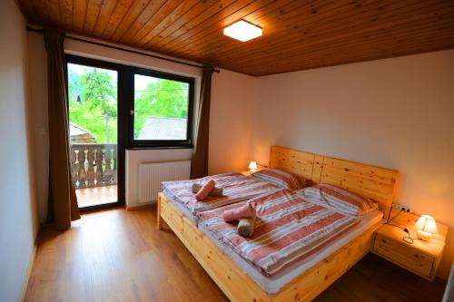 博希尼Apartmaji Pekovec Bohinj的一间卧室设有一张床和一个大窗户