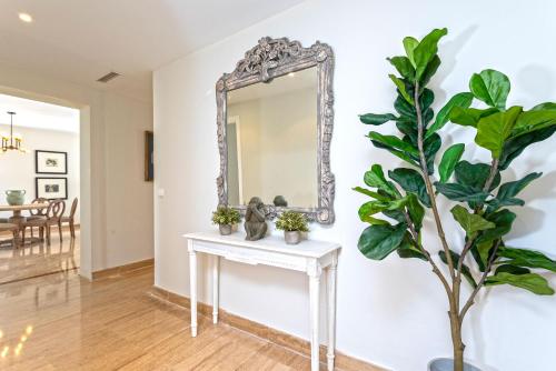 马贝拉Genteel Home Incosol的墙上的镜子,旁边是桌子,有植物