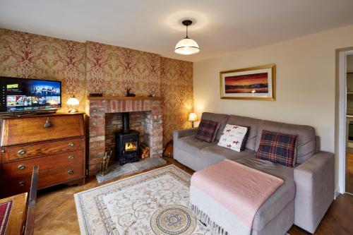 巴尔伯恩Maltkiln Cottage的带沙发和壁炉的客厅