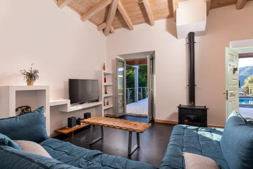 卡托克拉克阿纳Villa Dafni & Nikos Corfu的客厅设有蓝色的沙发和壁炉