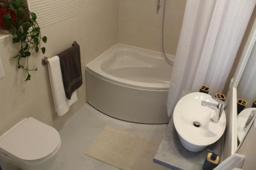 帕格Apartman Boki的一间带水槽、卫生间和淋浴的浴室