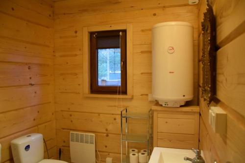 Tereszpol ZaorendaZacisze Leśne- Domek do wynajęcia的小木屋浴室设有卫生间和窗户。