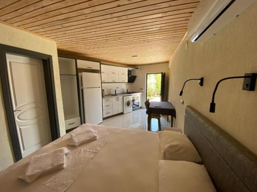 帕塔拉Beyoglu Pansiyon的一间带大床的卧室和一间厨房