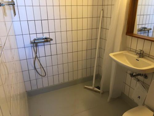 赫尔辛格赫尔辛格单旅馆的带淋浴和盥洗盆的浴室