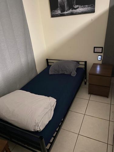 迈阿密Private Cubicle - Single Bed - Mixed Shared Dorm - MIAMI AIRPORT的一间卧室配有一张蓝色床垫和一张桌子。