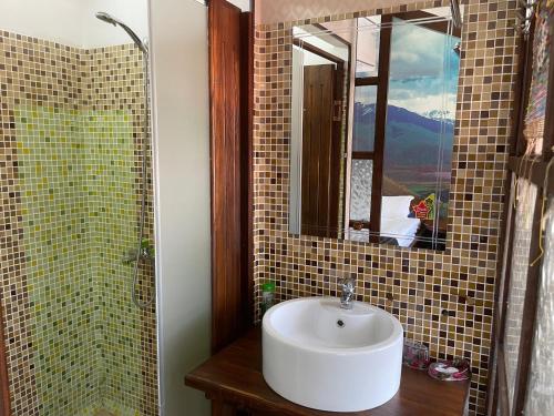 奥什生态之家旅馆的一间带水槽、淋浴和镜子的浴室