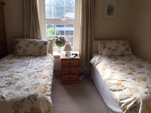 费尔福德The Nurseries Bed and Breakfast Fairford的一间卧室设有两张单人床和一个窗户。