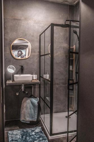 HaachtBackstage的带淋浴、盥洗盆和镜子的浴室