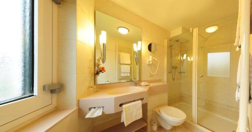 金斯海姆-古斯塔夫斯堡阿尔特波斯特卡尼酒店的一间带水槽、卫生间和淋浴的浴室