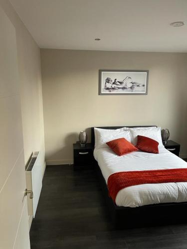 谢菲尔德The Whyte House的一间卧室配有一张带两个红色枕头的床