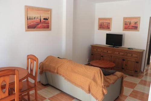 科尼尔-德拉弗龙特拉Apartamento San José Obrero的一间卧室配有一张床、一张桌子和一台电视