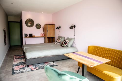 BlesdijkeNatuur lodge的一间卧室配有一张床和一张桌子