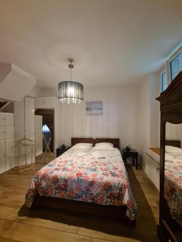 埃特勒塔Château des Bosquets的一间卧室配有一张床和一个吊灯