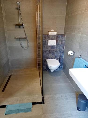 德尔纳Os Mundos的带淋浴、卫生间和盥洗盆的浴室