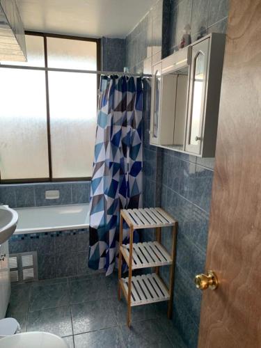 安托法加斯塔Departamento Amoblado Talca的浴室设有蓝色和白色的淋浴帘