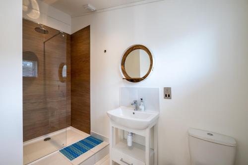 帕兹托Edge of Padstow, 2 bedroom luxury lodge的一间带水槽、卫生间和镜子的浴室