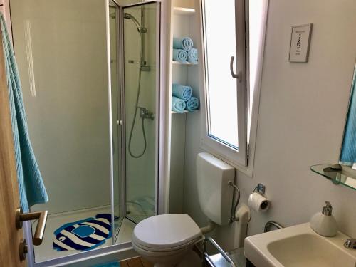 耶泽拉M&L Mobile Home的带淋浴、卫生间和盥洗盆的浴室