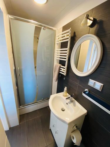 普什奇纳Apartament na Starówce VI的一间带水槽和镜子的浴室