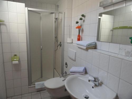 西普林根贝蒂娜旅馆的带淋浴、卫生间和盥洗盆的浴室