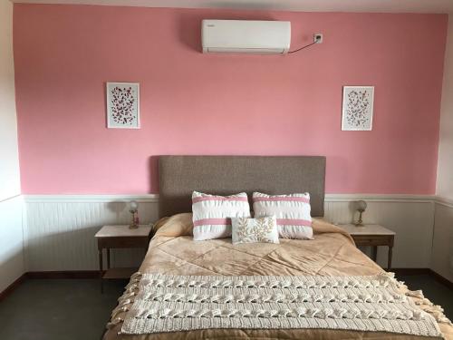 圣拉斐尔LOS TEROS POSADA DE CAMPO的卧室拥有粉红色的墙壁,配有带枕头的床铺
