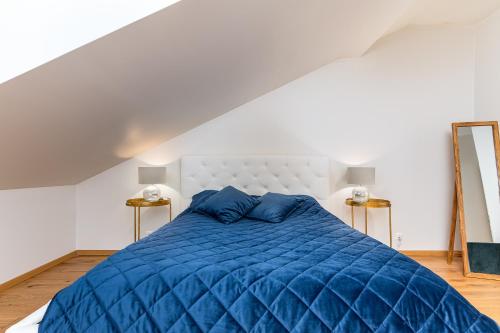 塔尔图Lossi Old Town Apartment的一间卧室配有蓝色的床和蓝色枕头