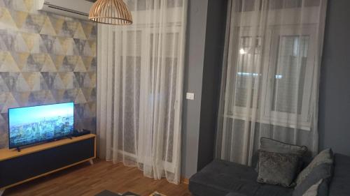 波德戈里察ABV Apartments的客厅配有平面电视和沙发。