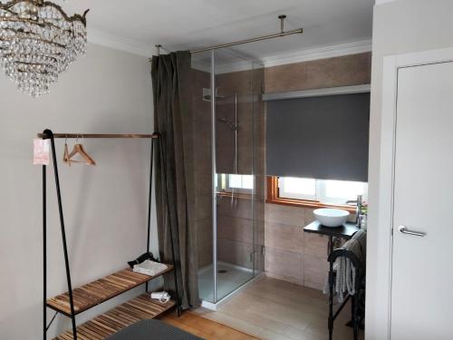 辛特拉Galo Preto - Amazing breakfast Sintra - View and Silence的浴室里设有玻璃门淋浴