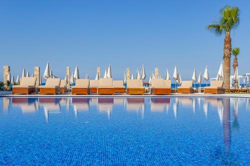 普罗塔拉斯Flamingo Paradise Beach Hotel - Adults Only的一个带躺椅的游泳池,并种植了棕榈树