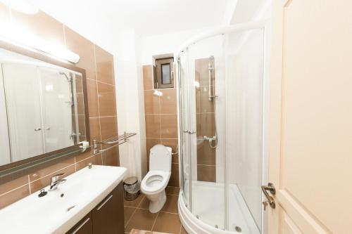 阿尔巴尤利亚马里斯酒店的浴室配有卫生间、盥洗盆和淋浴。