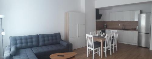 埃尔布隆格Apartamenty Irena Stare Miasto Św. Ducha的带沙发和桌子的客厅以及厨房。