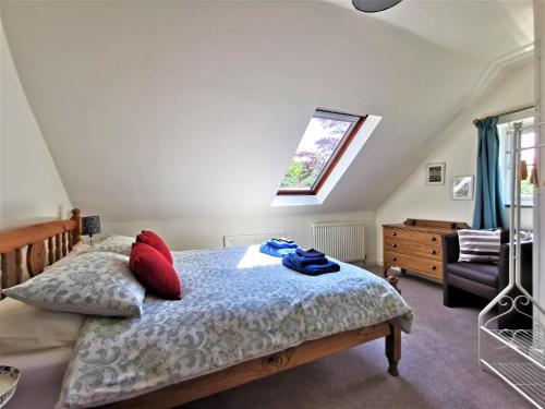 LlanfyrnachWellstone Cottages - Honeysuckle的一间卧室配有一张带红色枕头的床和一扇窗户