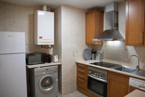 莱斯Apartamento Toran的一个带洗衣机和水槽的小厨房