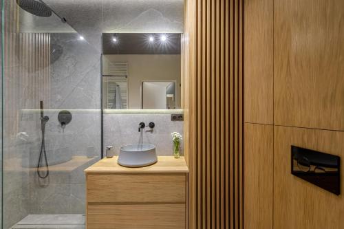 奥尔什丁Apartament Sady # 110的带淋浴、水槽和镜子的浴室