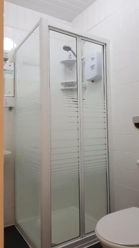 桑当Malvern Hotel的浴室设有玻璃淋浴间和卫生间
