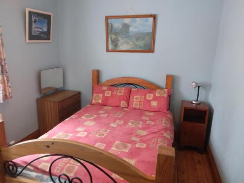 法伦福尔Hannah's Cottage的一间卧室配有一张带粉红色棉被的床