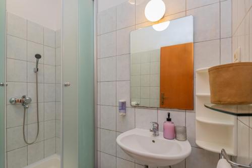 巴什卡沃达Apartmani Grmoja的一间带水槽、淋浴和镜子的浴室