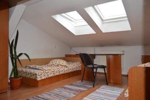 克卢日-纳波卡Kollege Hostel的一间卧室配有一张床、一把椅子和天窗