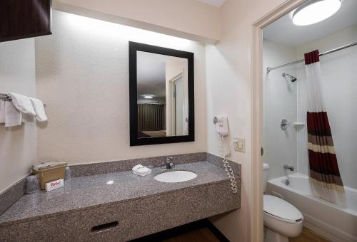 普利茅斯普利茅斯明尼阿波利斯红屋顶客栈的一间带水槽、卫生间和镜子的浴室