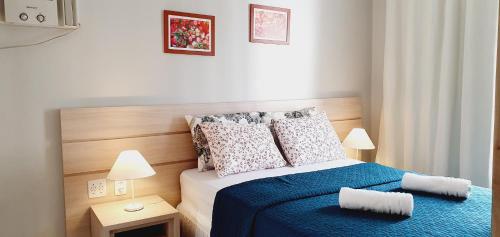 戈亚尼亚Luxuria Apartamento Palazzo di Italia的一间卧室配有一张带蓝色毯子和枕头的床。