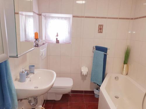 奎德林堡Ferienhaus am Osterberg的白色的浴室设有水槽、卫生间和浴缸。