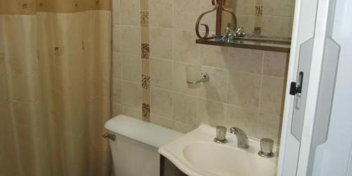 维多利亚CASA QUINTA MOZART的一间带水槽和淋浴帘的浴室