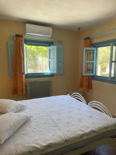 GrikosPatmos Villas的一间卧室设有一张大床和两个窗户